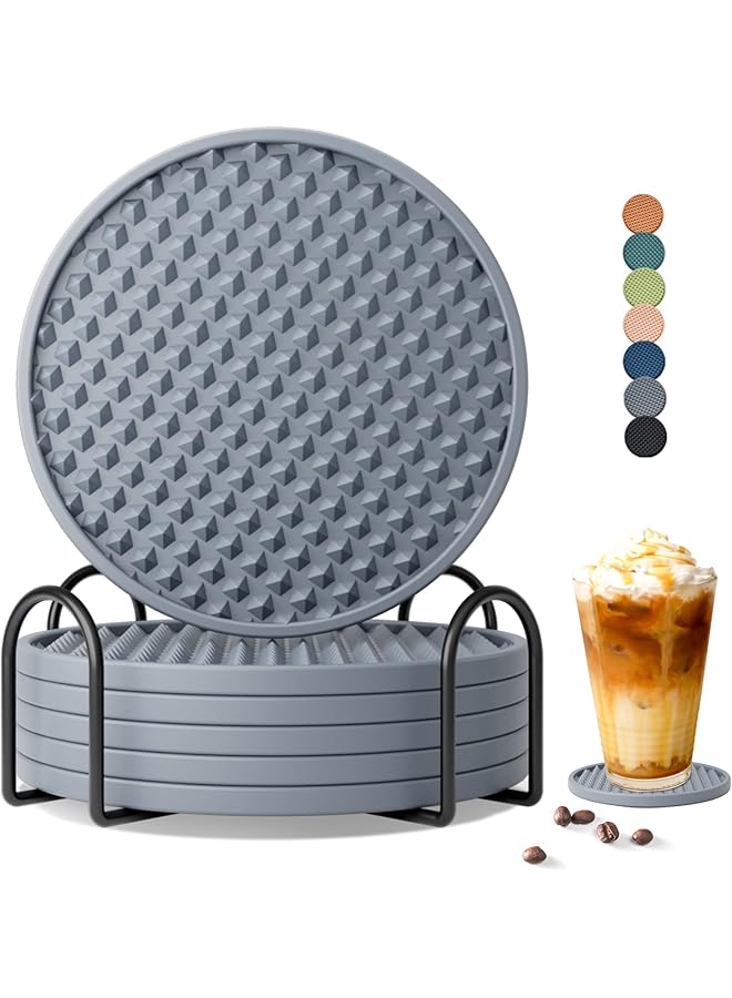 The Bros Drink Coasters Set of 6 with Holder, Silicone Coasters Tabletop Protection for Any Table Type, Wood, Stone Tables, Dishwasher Safe, Coasters for Drinks Fits Any Size of Drinking Glasses (Grey) - Image 1