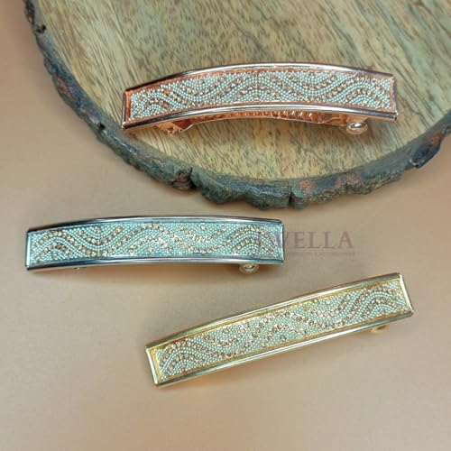 JWELLA Set of 3 Metallic Wave Beaded Hair Clips for Women & Girls | Elegant Hair Barrettes | Strong Grip Hair Accessory for Thick Hair - Image 2
