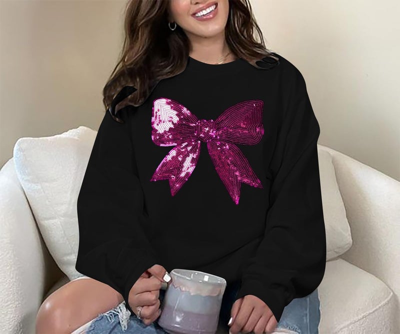 FASHGL Pink Bow Sweatshirt Womens - Sequins Coquette Sweater Casual Round Neck Pullover Sweatshirts Long Sleeve Tops - Image 3
