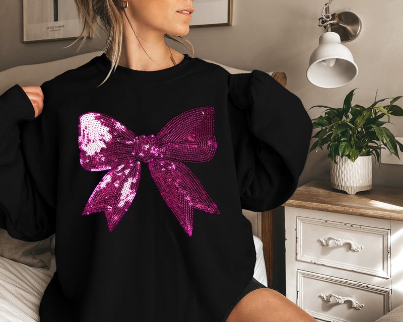 FASHGL Pink Bow Sweatshirt Womens - Sequins Coquette Sweater Casual Round Neck Pullover Sweatshirts Long Sleeve Tops - Image 2