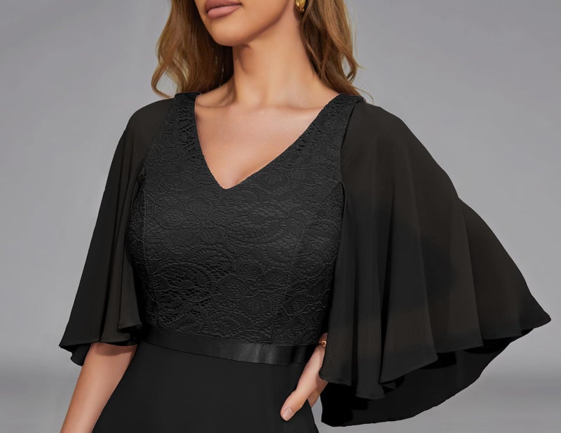 DRESSTELLS فستان رسمي أسود من دريستيلز لضيوف الزفاف، فستان سهرة لأم العروس بأكمام شيفون، فستان حفلة على شكل حرف A، فستان ماكسي طويل للكنيسة والجنازات 2XL - Image 4