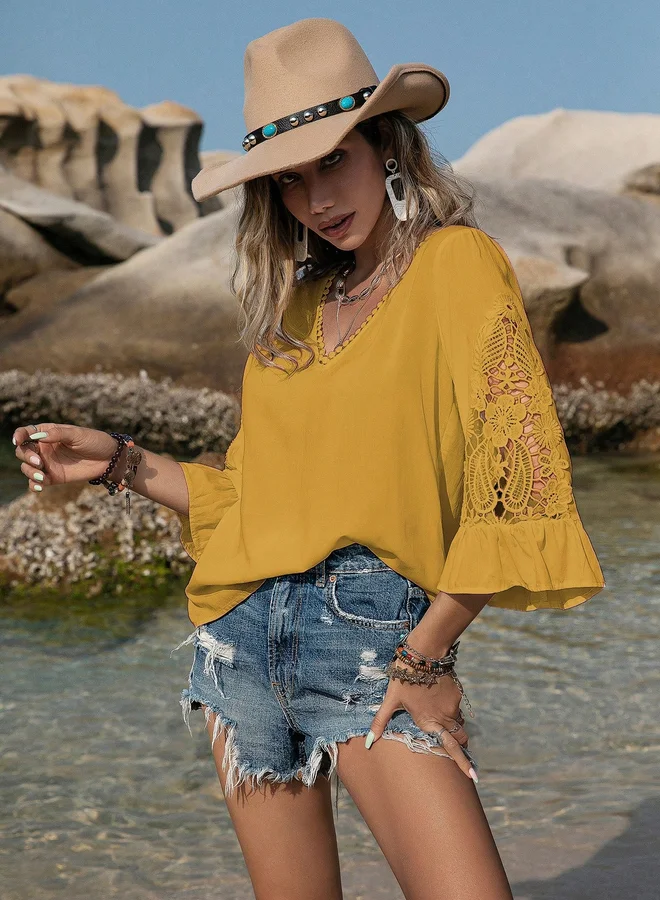 Take Two Take Two Solid Lace Detail Bell Sleeve Top