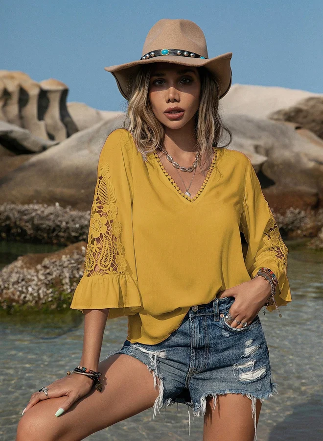 Take Two Take Two Solid Lace Detail Bell Sleeve Top
