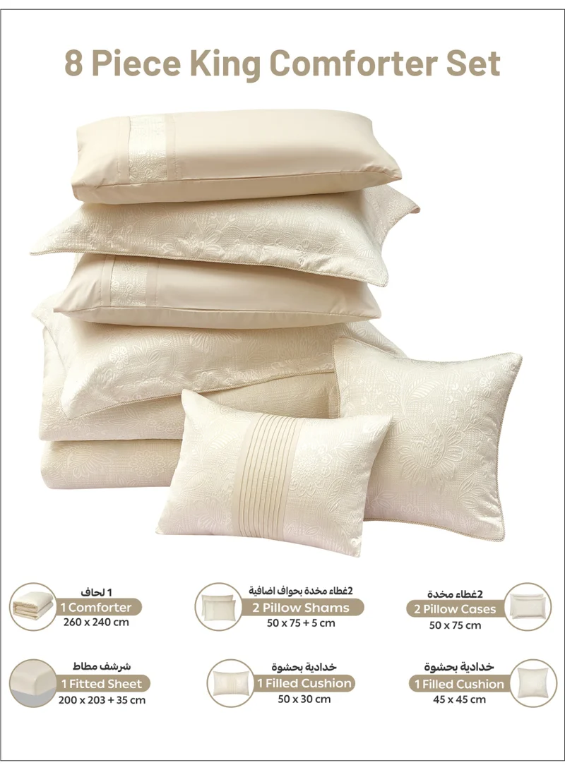 Donetella Premium King Size Comforter Set 8-Pcs, Elegant Jacquard Bedding Set with 350 GSM Poly Silk Fill, Soft & Luxurious All Season Bed Set