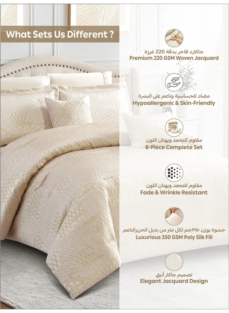 Donetella Premium King Size Comforter Set 8-Pcs, Elegant Jacquard Bedding Set with 350 GSM Poly Silk Fill, Soft & Luxurious All Season Bed Set