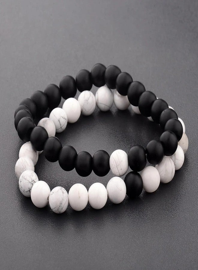 Thrillz Valentine Gift For Girlfriend Couple Bracelets Black & White Natural Stone Onyx Stretchable Bracelet For Women Men Girls With Heartbox Love Gifts - Image 3