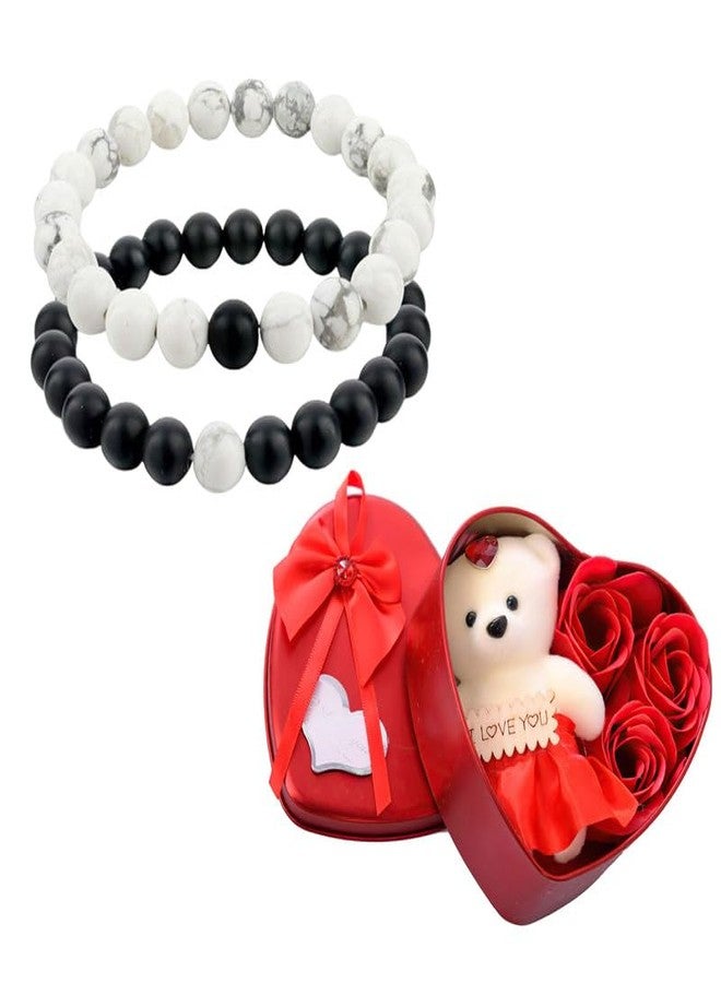 Thrillz Valentine Gift For Girlfriend Couple Bracelets Black & White Natural Stone Onyx Stretchable Bracelet For Women Men Girls With Heartbox Love Gifts - Image 1