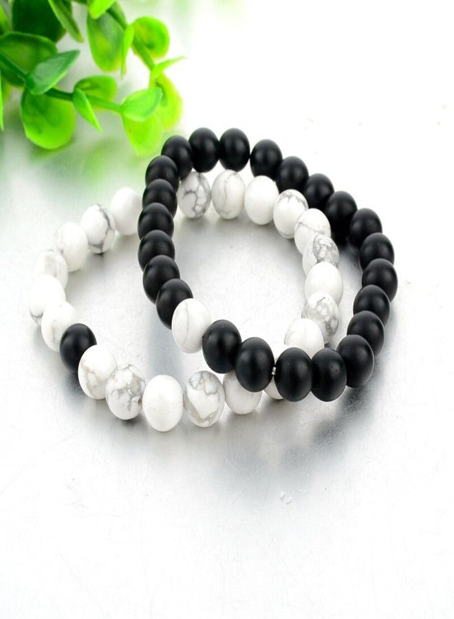 Thrillz Valentine Gift For Girlfriend Couple Bracelets Black & White Natural Stone Onyx Stretchable Bracelet For Women Men Girls With Heartbox Love Gifts - Image 4