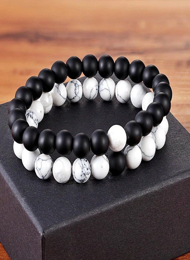 Thrillz Valentine Gift For Girlfriend Couple Bracelets Black & White Natural Stone Onyx Stretchable Bracelet For Women Men Girls With Heartbox Love Gifts - Image 2