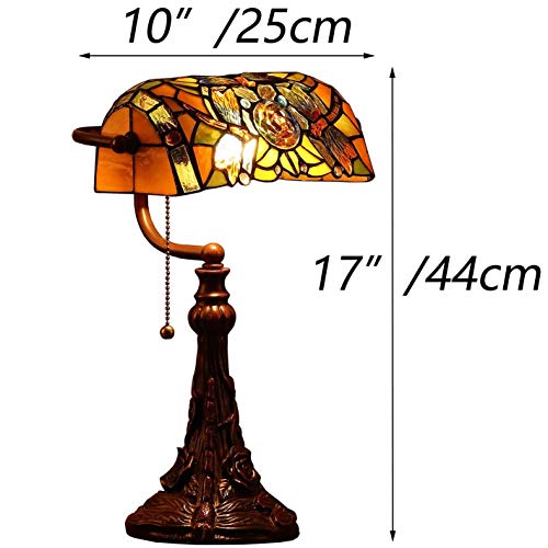 Bieye L10308 Dragonfly Tiffany Style Stained Glass Banker Desk Table Lamp with 10-inches Wide Lampshade for Reading Working, 16 inches Tall (Amber) - Image 4
