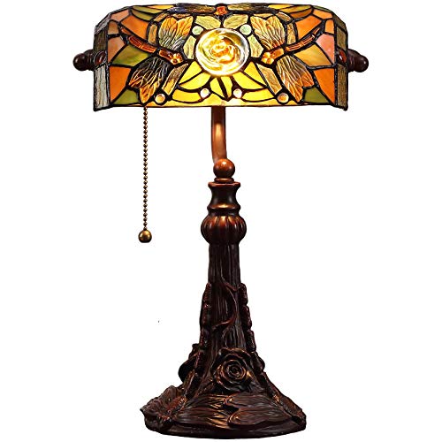 Bieye L10308 Dragonfly Tiffany Style Stained Glass Banker Desk Table Lamp with 10-inches Wide Lampshade for Reading Working, 16 inches Tall (Amber) - Image 1