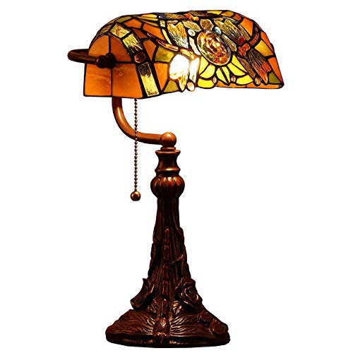 Bieye L10308 Dragonfly Tiffany Style Stained Glass Banker Desk Table Lamp with 10-inches Wide Lampshade for Reading Working, 16 inches Tall (Amber) - Image 2