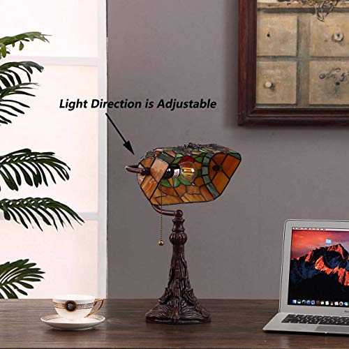 Bieye L10308 Dragonfly Tiffany Style Stained Glass Banker Desk Table Lamp with 10-inches Wide Lampshade for Reading Working, 16 inches Tall (Amber) - Image 5