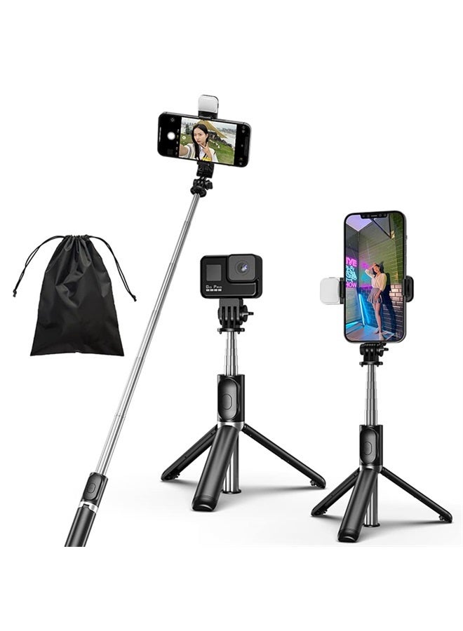 KOMI Selfie Stick Tripod with Fill Light Extendable Phone Tripod Portable with Detachable Wireless Remote Compatible with iPhone Samsung Camera Android(Black+Light) - Image 1
