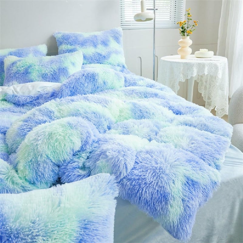 RYNGHIPY RYNGHIPY Shaggy Fluffy Plush Duvet Cover Set with Pillowcases Mint Green Furry Rainbow Bedding Set for Kids Girls Ombre Aqua Teal Comforter Cover Mint GreenQueen 