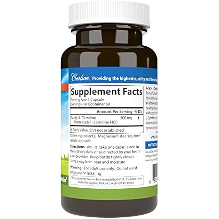 Carlson Labs Acetyl L-Carnitine, 500mg, 60 Capsules - Image 2