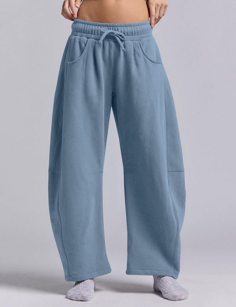 HeSaYep Women's Barrel Leg Sweatpants Drawstring Wide Leg Lounge Pants Baggy Casual Cotton Sweat Pants with Pockets,Dusty Blue M - Image 4