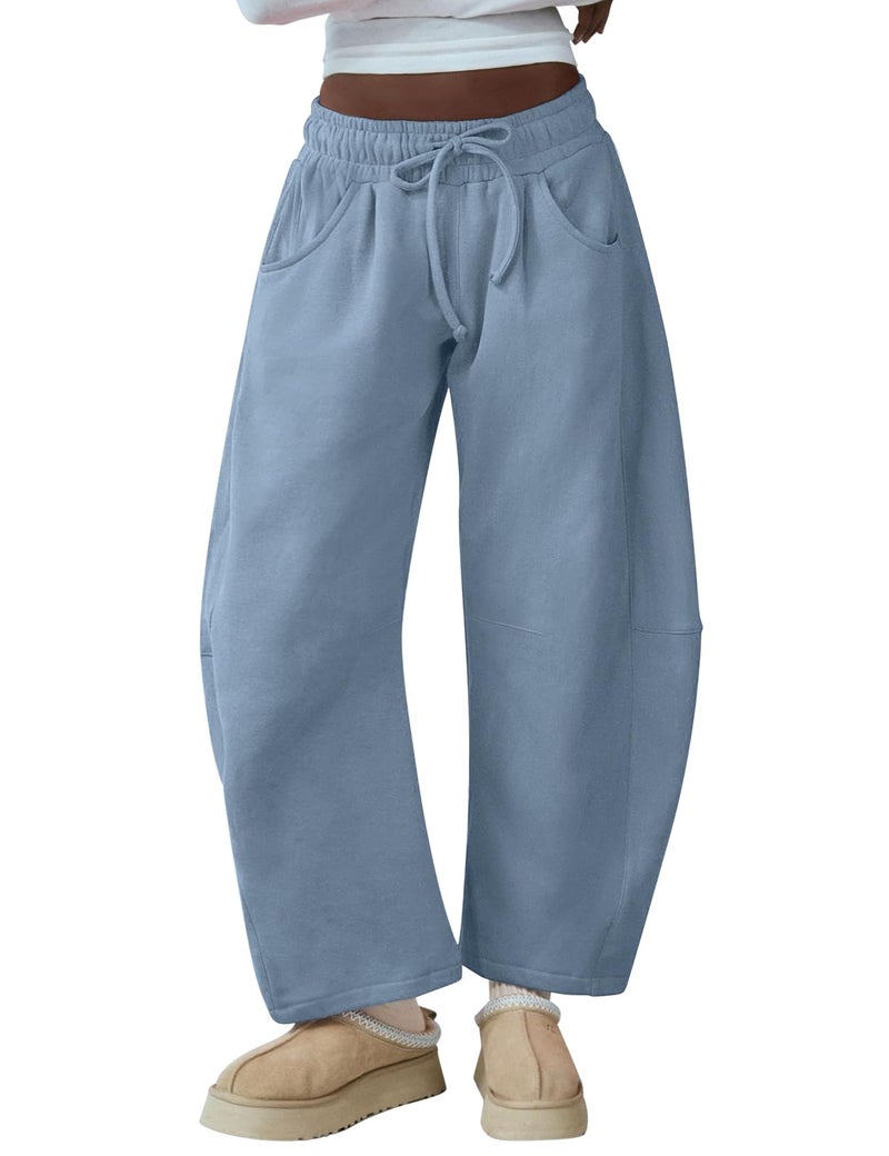 HeSaYep Women's Barrel Leg Sweatpants Drawstring Wide Leg Lounge Pants Baggy Casual Cotton Sweat Pants with Pockets,Dusty Blue M - Image 1