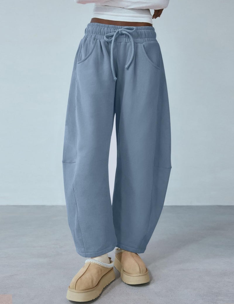 HeSaYep Women's Barrel Leg Sweatpants Drawstring Wide Leg Lounge Pants Baggy Casual Cotton Sweat Pants with Pockets,Dusty Blue M - Image 2