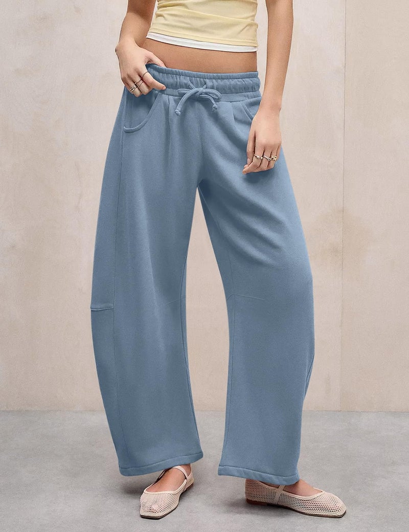 HeSaYep Women's Barrel Leg Sweatpants Drawstring Wide Leg Lounge Pants Baggy Casual Cotton Sweat Pants with Pockets,Dusty Blue M - Image 3