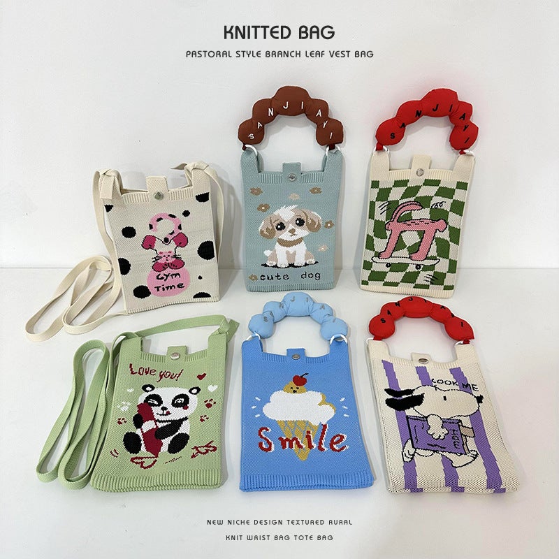 New Cartoon Puppy Knitted Mini Mobile Phone Bag All-Match Commuter Small Portable Student Coin Purse Crossbody Bag For Women - Image 2