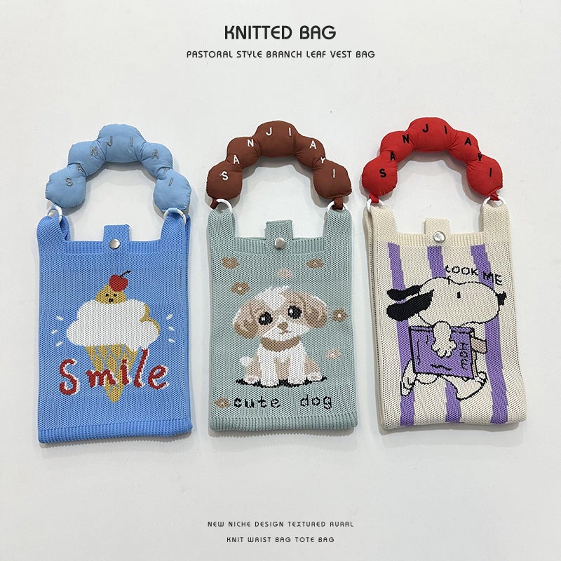 New Cartoon Puppy Knitted Mini Mobile Phone Bag All-Match Commuter Small Portable Student Coin Purse Crossbody Bag For Women - Image 5