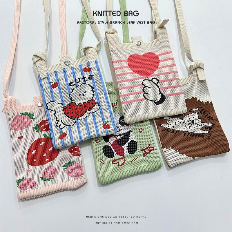 New Cartoon Puppy Knitted Mini Mobile Phone Bag All-Match Commuter Small Portable Student Coin Purse Crossbody Bag For Women - Image 3