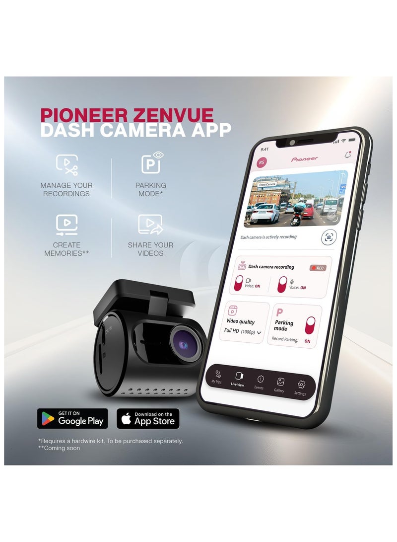 Pioneer Car Dash Camera VREC-H120SC, Super Compact Design, App Support 1296p Resolution, Wide Field of View, Wi-Fi G-sensor, Emergency Recording, microSD Card support Upto 128GB - Image 5