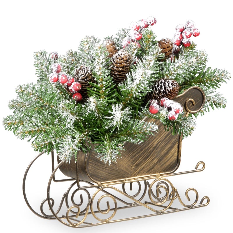 National Tree National Tree 10 Inch Dunhill Fir Sleigh with 6 Cones 5 Red Berries and Snow DUF3800101 