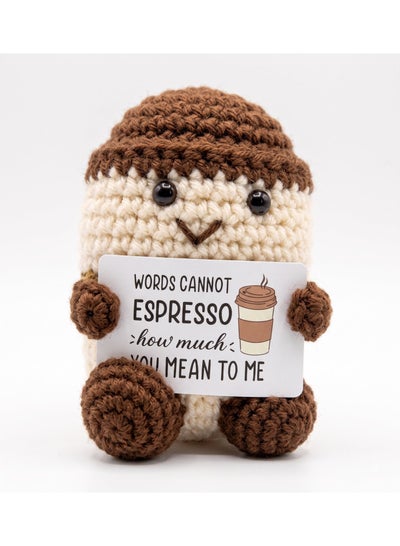 Happy Threads Mini Espresso Cup Plush with Inspirational Message Card, Handmade Crochet Emotional Support Keepsake, Cute Desk & Shelf Décor, Small Coffee Lover Gift for Friends & Coworkers