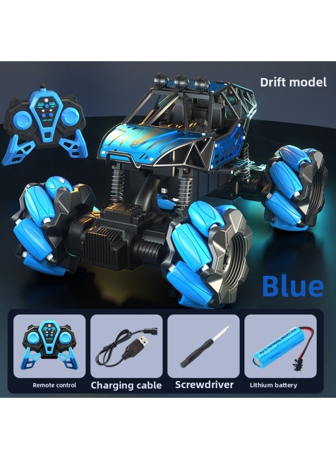 Alloy Remote Control Off-road Vehicle High-speed Four-wheel Drive Climbing Charging Car Children Rc Drift Racing Boy Electric Toy-Color:Climbing Off-road Vehicle-stunt Wheel 【blue】-Scale:Three Sets