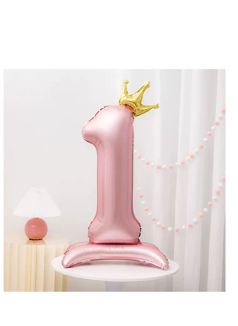 Large Pink No. 1 Balloon With Crown And Base Birthday Decoration Scene Arrangement - Image 1
