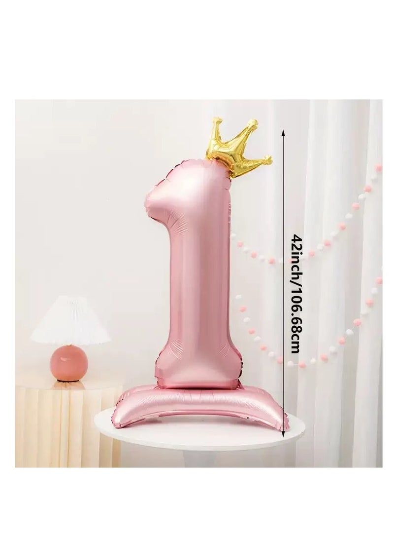 Large Pink No. 1 Balloon With Crown And Base Birthday Decoration Scene Arrangement - Image 2