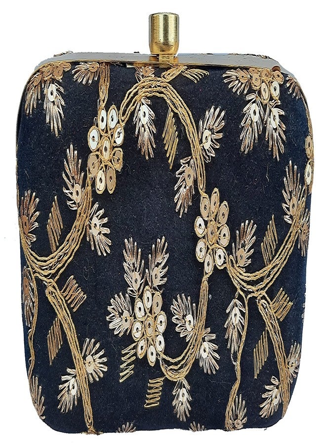Surva Cart Velvet Fabric Hand Embroidery Women's Clutch With Sling Chain| Black | SBP-28_New - Image 2