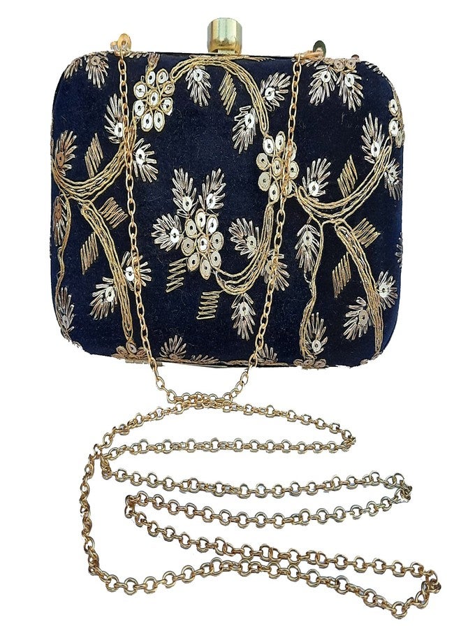 Surva Cart Velvet Fabric Hand Embroidery Women's Clutch With Sling Chain| Black | SBP-28_New - Image 1