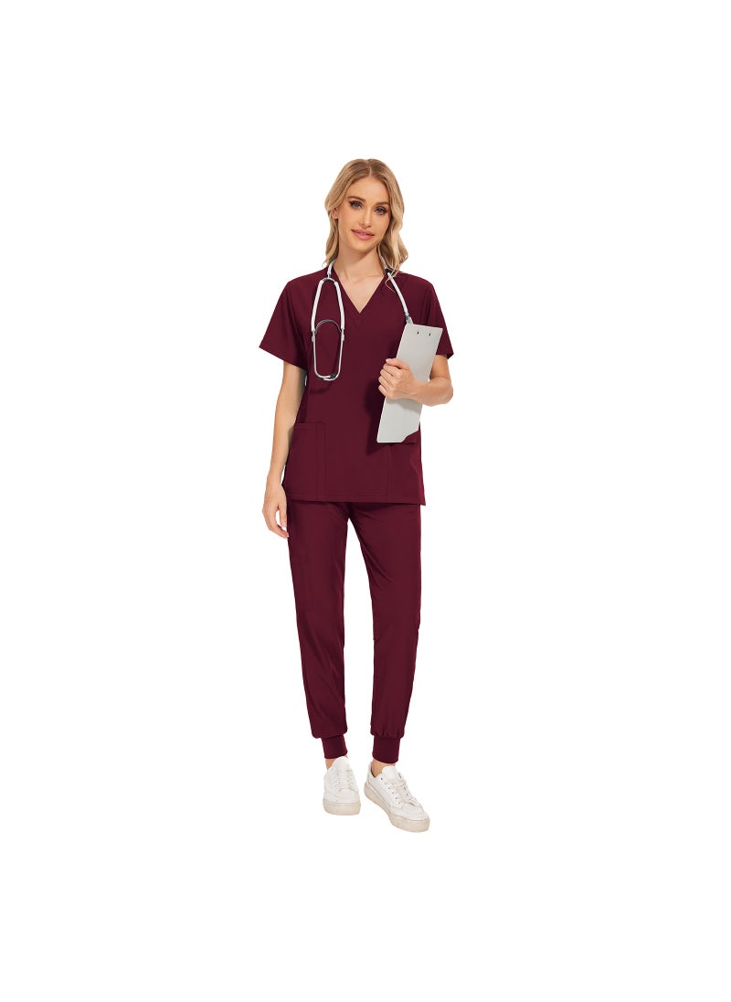 Generic New Summer Casual Womens Medical Scrubs Set 42109-wine red 