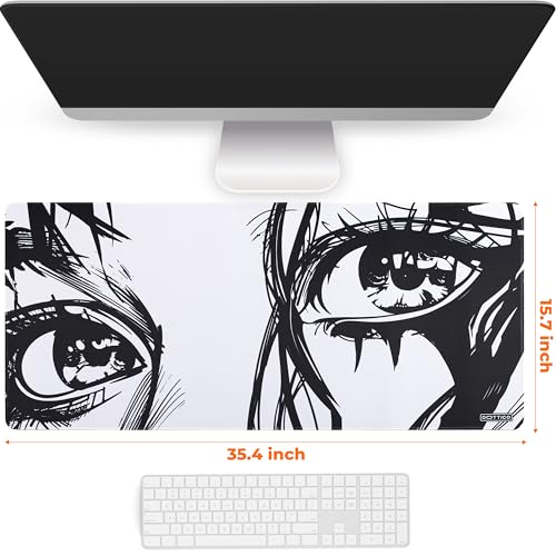 DOTTICO XXL Anime Eyes Gaming Mouse Pad - Manga Girl Black & White Desk Mat for Keyboard and Mouse - Non-Slip, Water-Resistant, Stitched Edges - 35.4x15.7 in (XX-Large) - Image 3