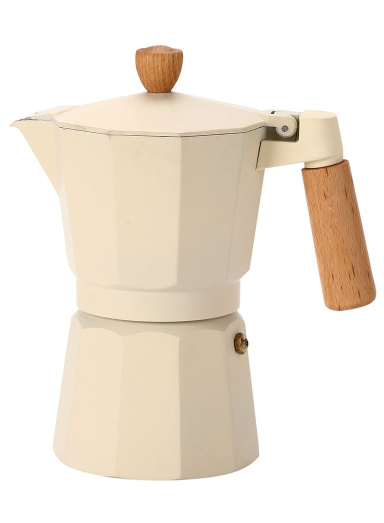 Moka Pot Espresso Maker – 3-Cup Capacity (150 ml), made of pure aluminum with an elegant beige color and a durable, heat-resistant wooden handle.  - Image 1
