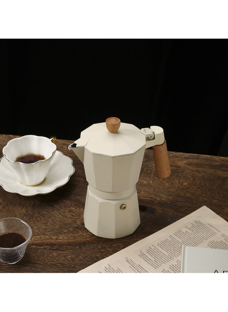 Moka Pot Espresso Maker – 3-Cup Capacity (150 ml), made of pure aluminum with an elegant beige color and a durable, heat-resistant wooden handle.  - Image 2