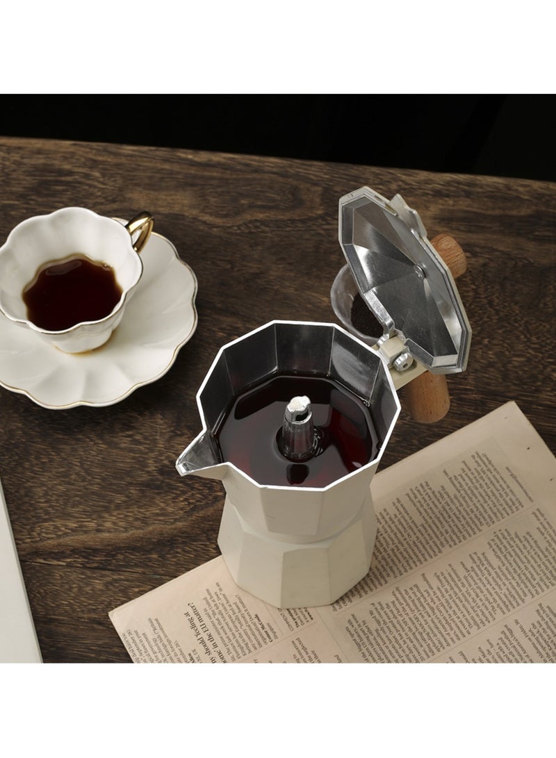 Moka Pot Espresso Maker – 3-Cup Capacity (150 ml), made of pure aluminum with an elegant beige color and a durable, heat-resistant wooden handle.  - Image 3