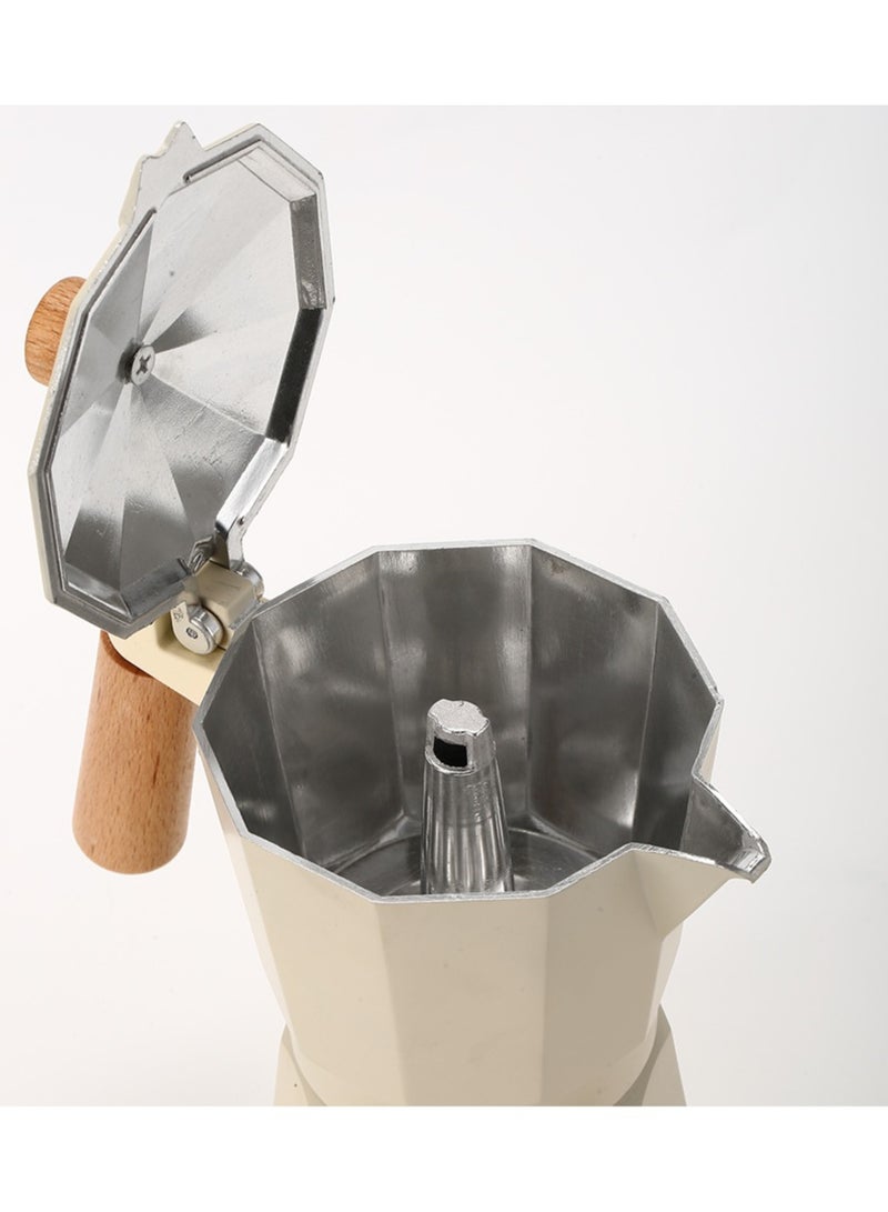 Moka Pot Espresso Maker – 3-Cup Capacity (150 ml), made of pure aluminum with an elegant beige color and a durable, heat-resistant wooden handle.  - Image 4