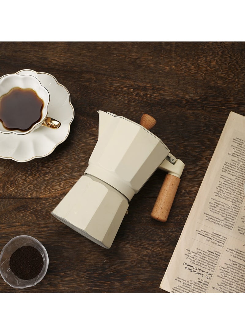 Moka Pot Espresso Maker – 3-Cup Capacity (150 ml), made of pure aluminum with an elegant beige color and a durable, heat-resistant wooden handle.  - Image 5