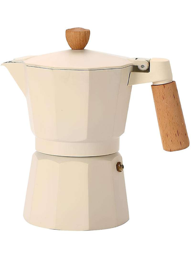 Moka Pot Espresso Maker – 3-Cup Capacity (150 ml), made of pure aluminum with an elegant beige color and a durable, heat-resistant wooden handle. - Image 1