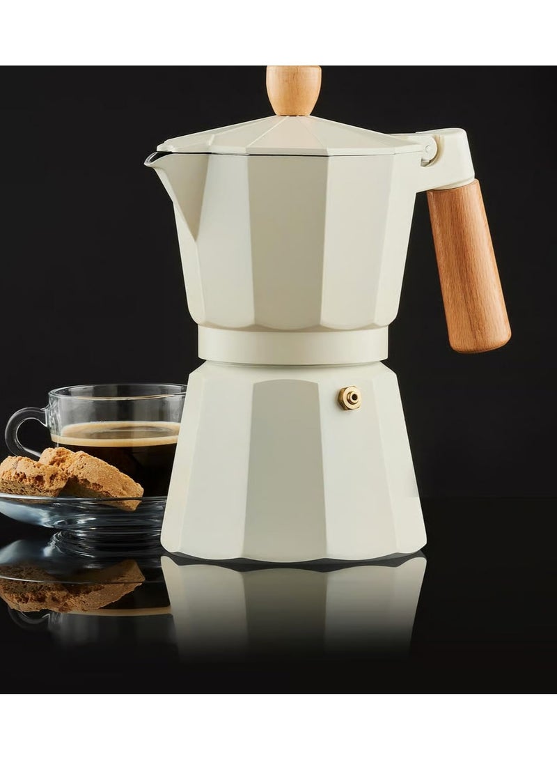 Moka Pot Espresso Maker – 3-Cup Capacity (150 ml), made of pure aluminum with an elegant beige color and a durable, heat-resistant wooden handle. - Image 2