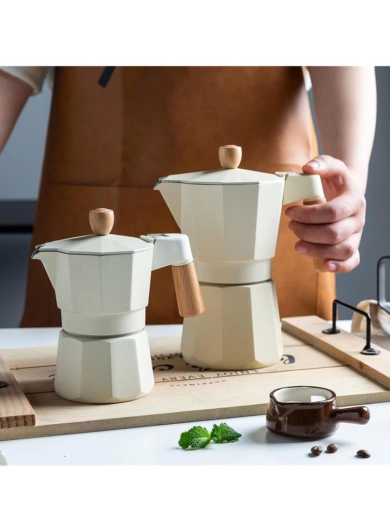 Moka Pot Espresso Maker – 3-Cup Capacity (150 ml), made of pure aluminum with an elegant beige color and a durable, heat-resistant wooden handle. - Image 3