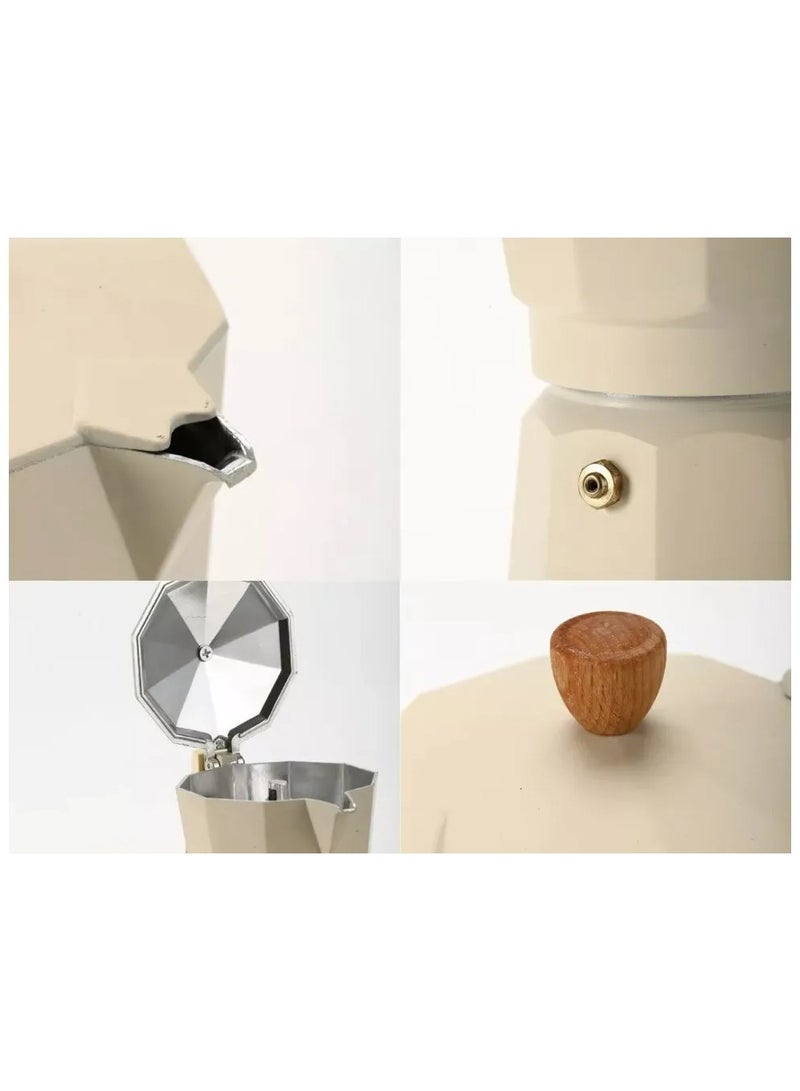 Moka Pot Espresso Maker – 3-Cup Capacity (150 ml), made of pure aluminum with an elegant beige color and a durable, heat-resistant wooden handle. - Image 5