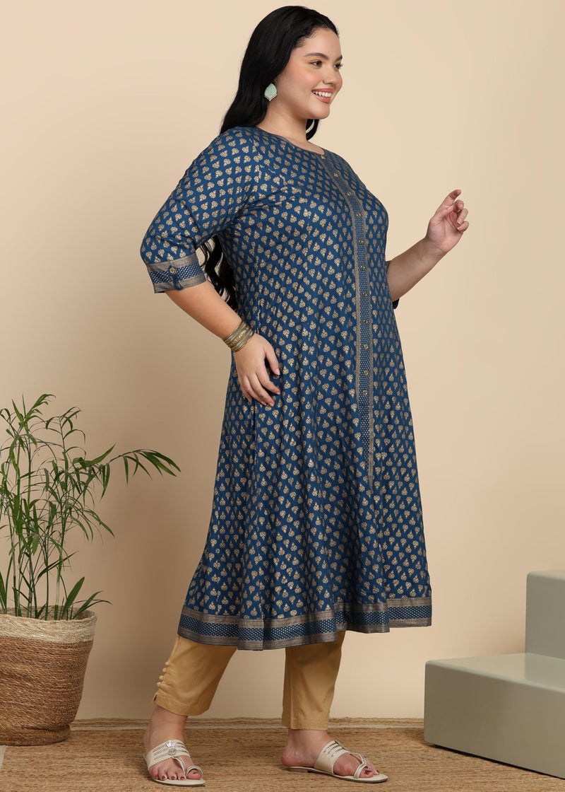 Yash Gallery Women's Plus Size Rayon Buta Printed A-Line Kurta for Women (Teal, 3XL) - Image 2