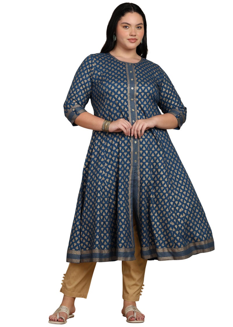 Yash Gallery Women's Plus Size Rayon Buta Printed A-Line Kurta for Women (Teal, 3XL) - Image 1