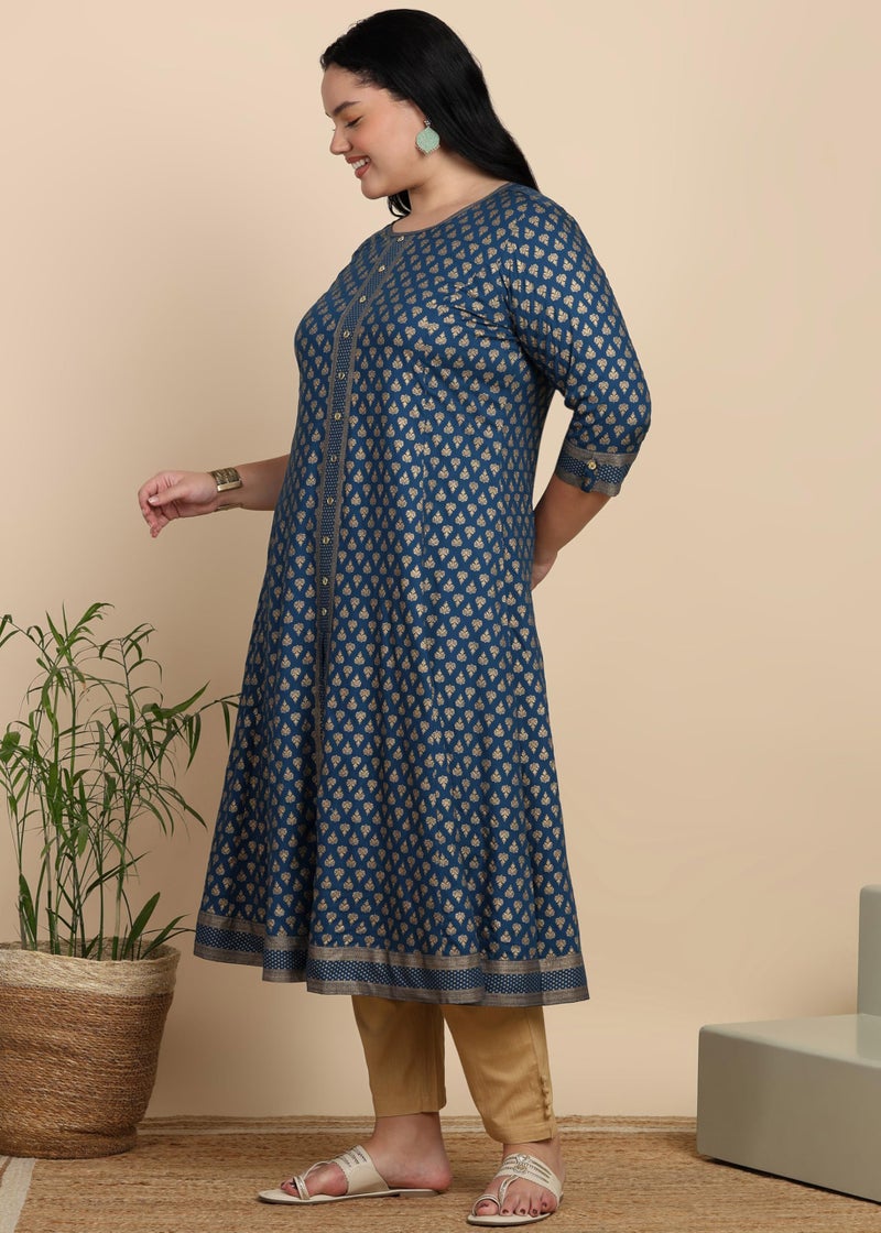 Yash Gallery Women's Plus Size Rayon Buta Printed A-Line Kurta for Women (Teal, 3XL) - Image 3