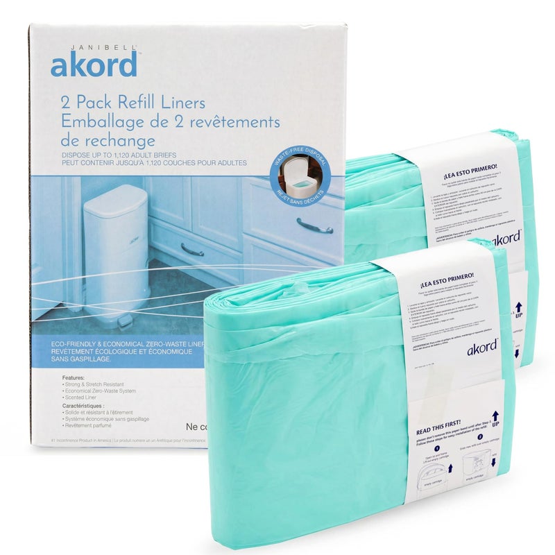 AKORD Janibell Akord 330 Adult Diaper Pail Refill Liners, 2 Count â€“ Fits Akord Diaper Pail, Odor Locking, Easy Cut & Tie, Hands-Free Disposal, Continuous Liner â€“ Each Liner Holds Up to 560 Adult Briefs - Image 1